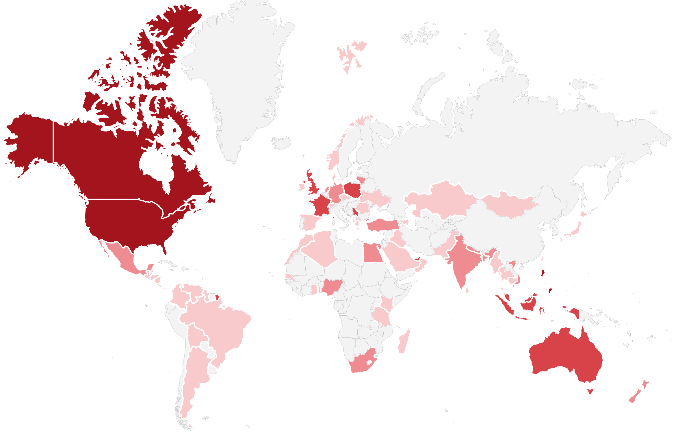 World map of the countries where SEOUL4PM buyers have placed orders, shaded darker by order volume